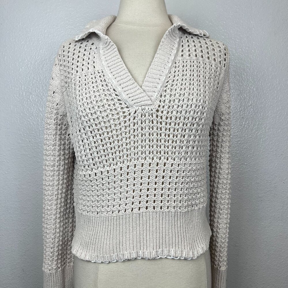 NWT Joie Open Knit Collared Women’s Sweater Size Medium Almond Tan